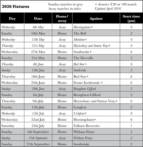 Corsley Cricket Club Fixtures 2026